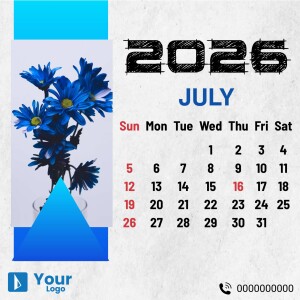 Calendar for July 2025 with blue flowers and a gradient background