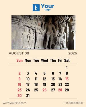 August 2025 calendar featuring the Ellora Caves