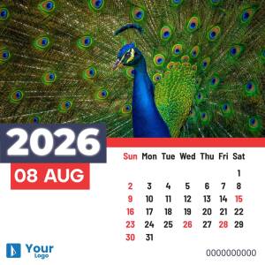 August 2025 calendar featuring a vibrant peacock