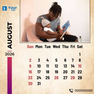 August 2025 calendar featuring a father reading to his baby