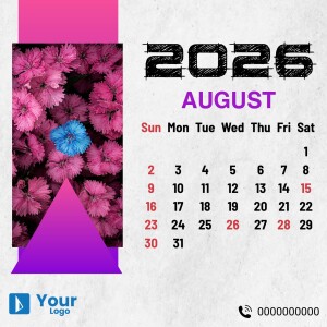 Floral calendar for August 2025 with pink flowers and a blue butterfly