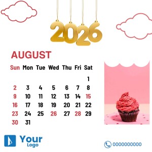 August 2025 calendar featuring a cupcake and cloud illustrations