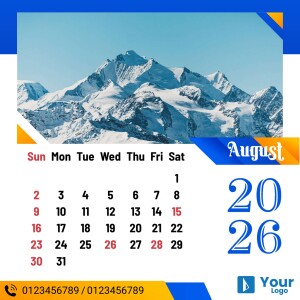 August 2024 calendar featuring a scenic mountain landscape