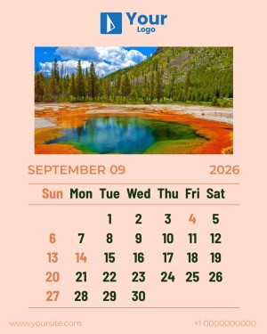 Calendar for September 2025 featuring a scenic view of the Grand Prismatic Spring in Yellowstone National Park.