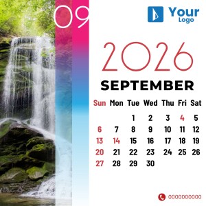Calendar for September 2025 with a scenic waterfall image