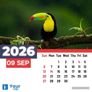 Calendar featuring a toucan perched on a branch with the month of September 2025 displayed.