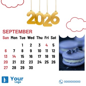 September 2025 calendar featuring a photo of lavender macarons and a blue '2025' graphic.