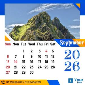 Calendar for September 2025 featuring a scenic mountain landscape