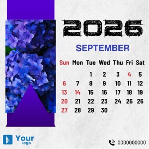 September 2025 calendar featuring a floral design with blue hydrangea flowers and a purple geometric shape.