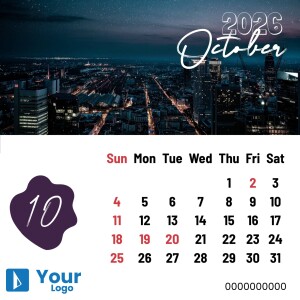 October 2025 calendar featuring a nighttime cityscape and a purple date marker