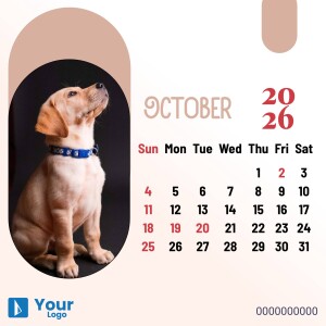 Calendar featuring a cute Labrador puppy looking upwards, with the month of October and date 25 highlighted.