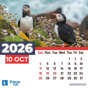 Two puffins perched on a cliffside with a 2025 October calendar