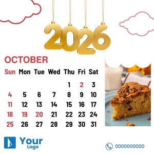 Calendar for October 2025 with a pastry image and logo space