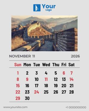November 2025 calendar featuring a scenic view of the Great Wall of China