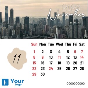 November 2025 calendar featuring a cityscape background and date grid.