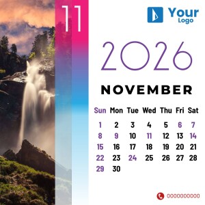 Calendar for November 2025 featuring a scenic waterfall landscape.