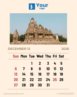 Khajuraho Temple December 2025 Calendar