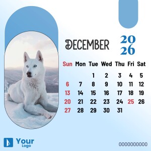 Calendar for January 2025 featuring a Siberian Husky in a snowy landscape.