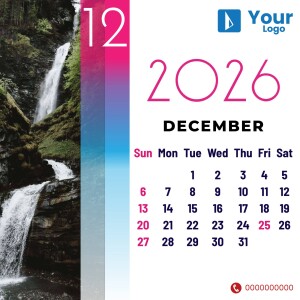 Calendar for December 2025 with a scenic waterfall image