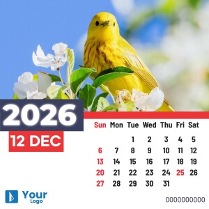 Calendar for December 2025 featuring a yellow bird perched on a flowering branch.