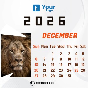 2025 December calendar featuring a majestic lion