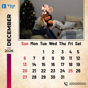 December 2025 calendar featuring a family enjoying time together near a Christmas tree.