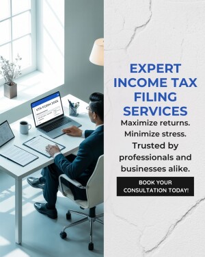 Man working on laptop with tax form, promoting income tax services.