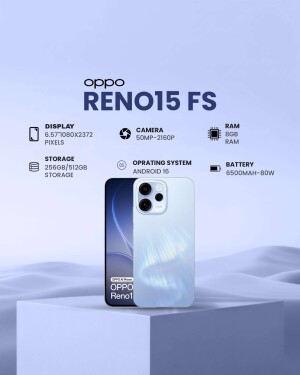 Oppo Reno15 FS smartphone displayed on a pedestal with technical specifications