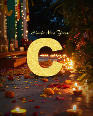 Golden letter 'C' with Diwali-style decorations for Hindu New Year