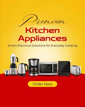 A variety of modern kitchen appliances including a mixer grinder, electric kettle, coffee maker, microwave oven, induction cooktop, and toaster against a yellow and red background.