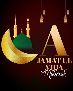 Islamic greeting card for Jamat Ul Vida Mubarak with mosque and crescent moon