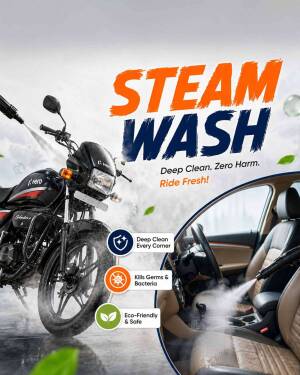 A graphic advertisement showcasing professional steam cleaning services for a motorcycle and a car interior.