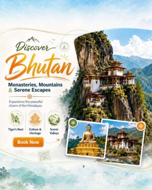 Promotional graphic for travel to Bhutan featuring the Tiger's Nest monastery, a Buddha statue, and landscape views.