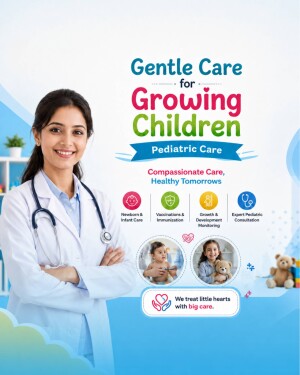 A smiling female pediatrician in a white coat with a stethoscope around her neck, promoting pediatric services for children