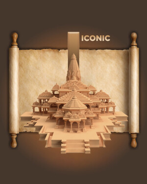 3D rendering of the Ram Mandir in Ayodhya, India, depicted as a papercraft model.