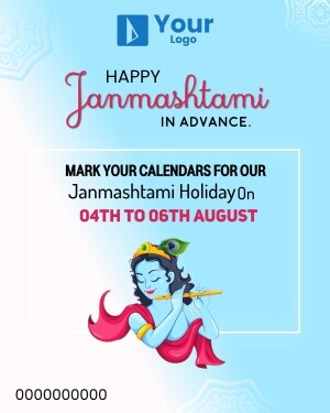 Announcement poster for Janmashtami holiday from 4th to 6th August featuring Lord Krishna illustration