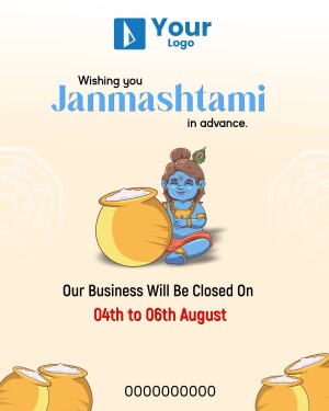 Janmashtami business holiday announcement featuring baby Krishna and butter pots