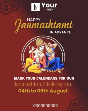 Graphic announcing a Janmashtami holiday from August 4th to 6th with an illustration of Lord Krishna and Radha.