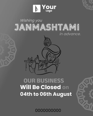Business closure notice for Janmashtami festival featuring Lord Krishna