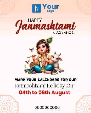 Graphic design for Janmashtami holiday notice with illustration of baby Krishna and a calf