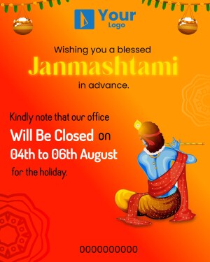A bright orange Janmashtami holiday announcement with Lord Krishna illustration indicating office closure dates from 4th to 6th August.