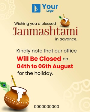 A creative Janmashtami holiday announcement poster with traditional Indian earthen pots and a peacock feather, informing customers of office closure dates from August 4th to 6th.