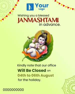 Professional office holiday announcement for Janmashtami featuring Lord Krishna illustration
