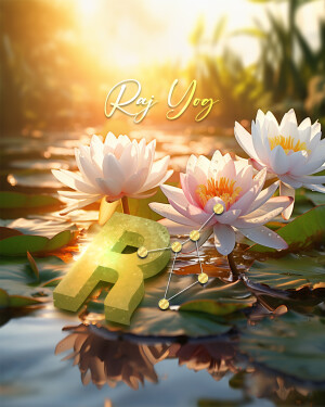 Lotus flowers with the letters 'Raj Yog' and a stylized 'R' in a pond