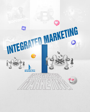 Conceptual image representing integrated marketing with people and digital icons.