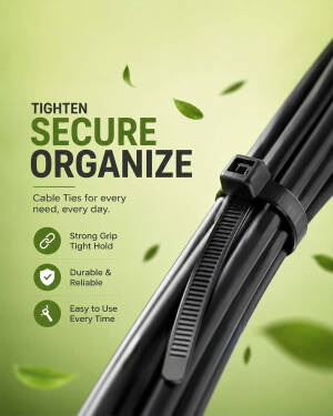 A black plastic cable tie securing a bundle of wires against a light green background with floating leaves