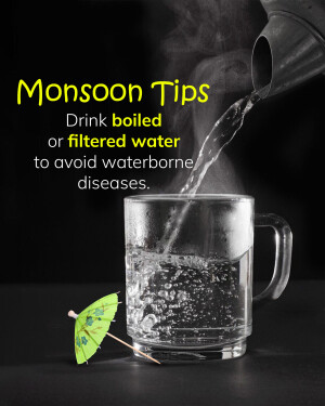 A glass of water being filled from a funnel with a miniature umbrella, illustrating monsoon health advice.
