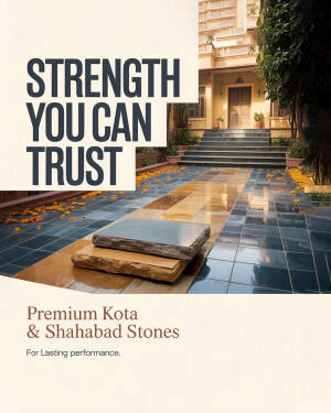 Luxury building entrance featuring polished Kota and Shahabad stone flooring with decorative marigold flowers