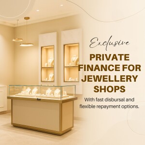 Jewellery shop finance offer with display cases and text overlay