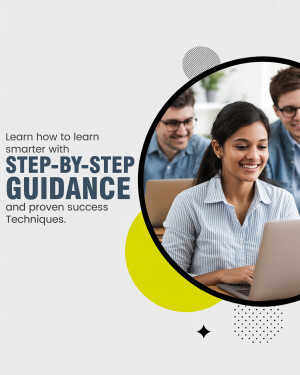 Group of people learning on laptops with text overlay 'Step-by-Step Guidance'